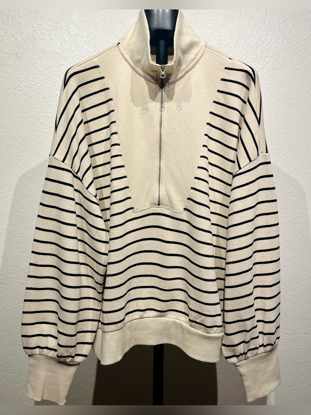 LOFT Cream and Black Striped Half-Zip Pullover - Size L (Women’s)